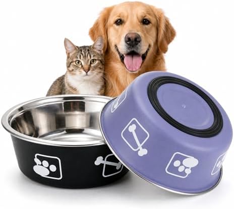2-Pack Dog Bowls, Stainless Steel Pet Bowls, Thickened Rust-Proof Inner Bowl, Non-Slip Rubber Base, 2-in-1 Food & Water Bowl for Indoor Use (Black + Purple) (Black + Purple, M)