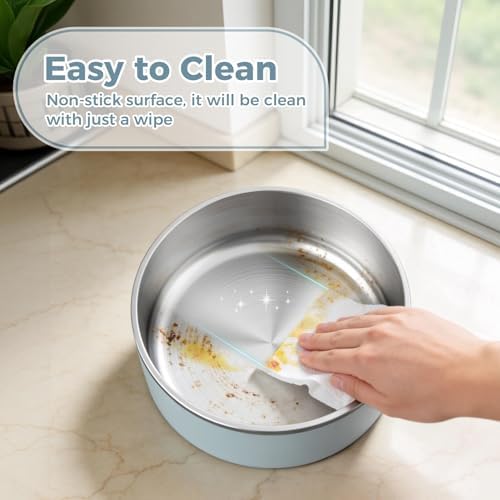 WENBOKMIN Dog Bowl, Stainless Steel Food and Water Bowl, 64oz, Light Grey | Non Slip Quiet Bottom, Easy to Clean, Dishwasher Safe