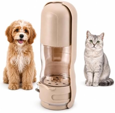 2 in 1 Portable Dog Water Bottle, Leak-Proof Pet Water Dispenser with Food Container, BPA Free Travel Dog Water Bottle with Filter, Hygienic Flip Cover Drinking Feeder for Walking Outdoor (Khaki)