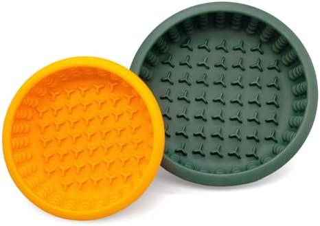 Dog Lick Bowl 2PCS, Silicone Lick mat with Non-Slip Suction Base, Freeze-Friendly Slow Feeder Bowl for Dog Enrichment, Small Orange & Medium Dark Green (5.7" x 1.95" & 6.9" x 2.35")