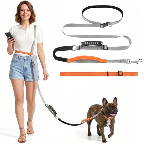XiaZ Hands Free Dog Leash,Versatile Crossbody Dog Leash with Waist Support Strap,5.9-8 FT Waist Belt with Double Handles for Small Medium and Large Dogs Walking, Running and Jogging, Gray
