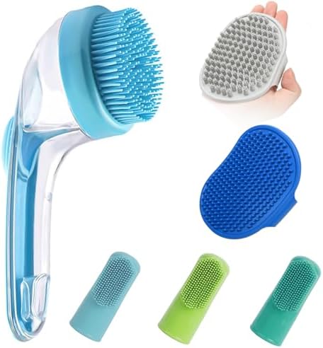 (6 Pcs) ELEGX Pet Grooming Bath Massage Brush with Soap and Shampoo Dispenser Soft Silicone Bristle for Long Short Haired Dogs Cats Shower
