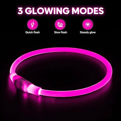 HIGO LED Dog Collar, USB Rechargeable Light Up Dog Collars Glow in the Dark, Waterproof LED Dog Necklace for Your Dogs Walking at Night (Pink)