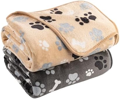 Dog Blanket Paw Bone Pattern 1 Pack 2 Super Soft Warm Flannel Sofa Cover Car Bed Protector, Urine Proof Washable Outdoor Pet Blanket for Puppy Large Dogs & Cats,40"*30" Grey&Beige
