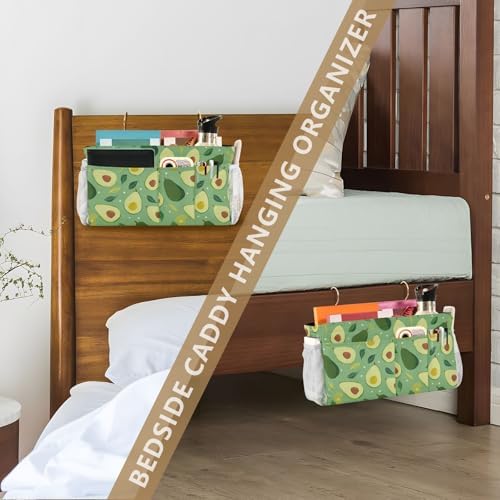 Bedside Caddy Hanging Bunk Bed Caddy Bed Organizer Hanging Pocket with 2 Hooks Bedside Storage Organizer Pocket Bag Holder Green Avocado and Leaf