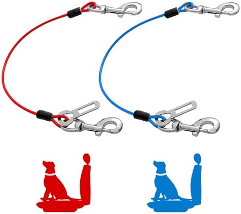Dog Seat Belt Harness for Car,2pcs Dog Seatbelt of Coated Wire Leash Safety Restraint,No Chew Tether Cable Vehicle Dogs Accessories,Double Clips & Latch (2 Pack Red+Blue, 32 inch/80 CM)