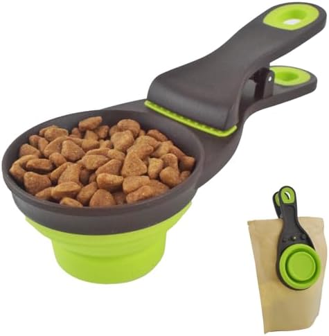 3 in 1 Multi-Function Dog Food Scoop with Measurements and Bag Clip Collapsible Dog Food Measuring Cup for Animals Silicone Measuring Spoons 1 Cup Capacity, Green, M