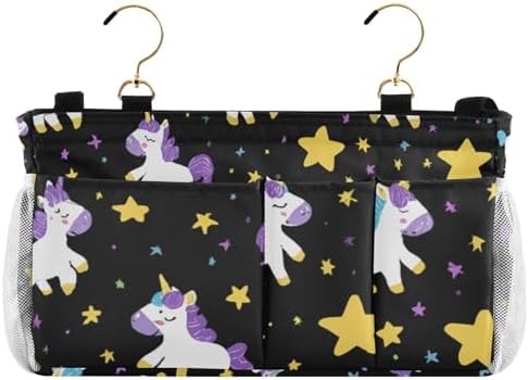 Bedside Caddy Hanging Bunk Bed Caddy Bed Organizer Hanging Pocket with 2 Hooks Bedside Storage Organizer Pocket Bag Holder Cute Unicorns Hearts Black