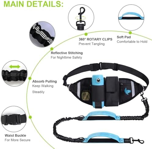 Hands Free Dog Leash, Waist Leash for Dog Walking, Running, Jogging (Blue)