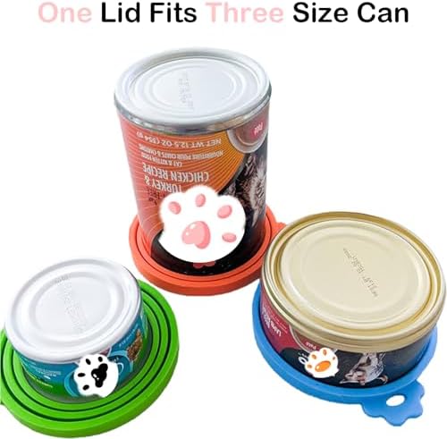Universal Pet Food Can Lids - 3 Pcs, Squeezable Cat Treat Feeder & Spoon, Green/Blue/Orange Lids, Green Feeder