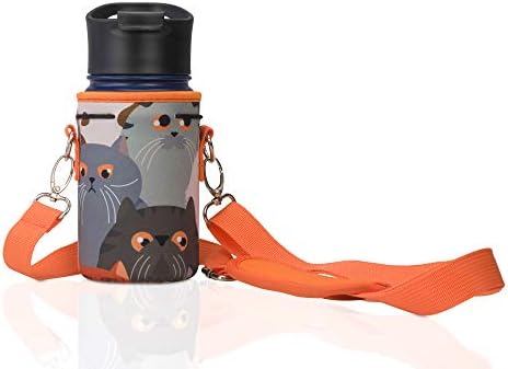 Made Easy Kit Neoprene Water Bottle Carrier Holder with Adjustable Shoulder Strap for Insulating & Carrying Water Container Canteen Flask Available in 5 Sizes (Cat Lover, Orange, S (12oz-14oz))