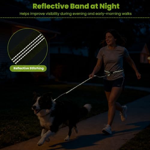 Hands Free Double Dog Leash, 4 Reflective Padded Handles, Adjustable Waist Belt 27-51", Shock-Absorbing Bungee, 360° Swivel Clips, for Small, Medium & Large Dogs, Walking Jogging Running