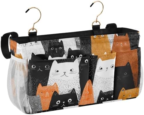 Bedside Caddy Hanging Bunk Bed Caddy Bed Organizer Hanging Pocket with 2 Hooks Bedside Storage Organizer Pocket Bag Holder Black and White Orange Cat