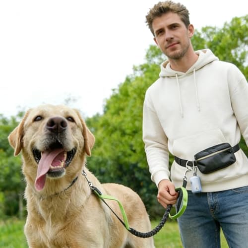 Hands-Free Dog Leash with Waist Pack, Shock-Absorbing Bungee Lead for Two Dogs, Adjustable Belt, Dual Tethers, Reflective Stitching, Green