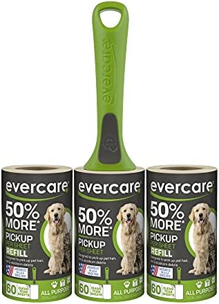 Evercare All Purpose Pet Hair Lint Roller with 2 Refills, 180 Total Sheets – Reusable Sticky Roller for Pet Hair, Cat & Dog Hair Remover, Lint Remover, Pet Hair Remover for Furniture, Clothing & Cars
