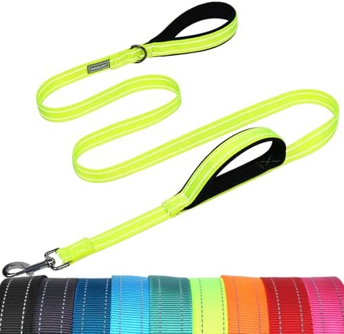 VIVAGLORY Double Handle Dog Leash Twingrip, 5ft x 1in, Neon Yellow