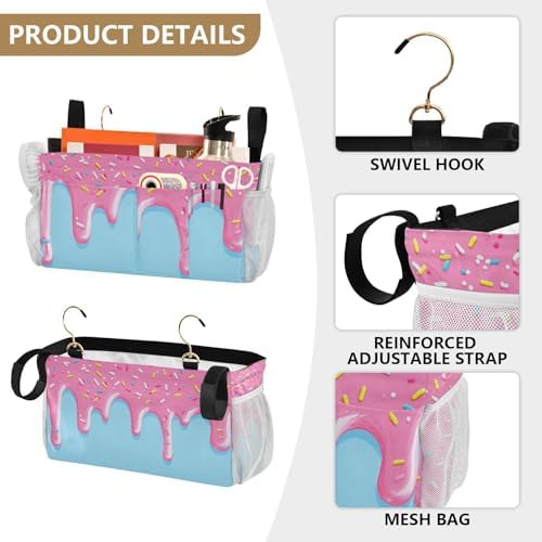 Bedside Caddy Hanging Bunk Bed Caddy Bed Organizer Hanging Pocket with 2 Hooks Bedside Storage Organizer Pocket Bag Holder Cartoon Dripping Frosting