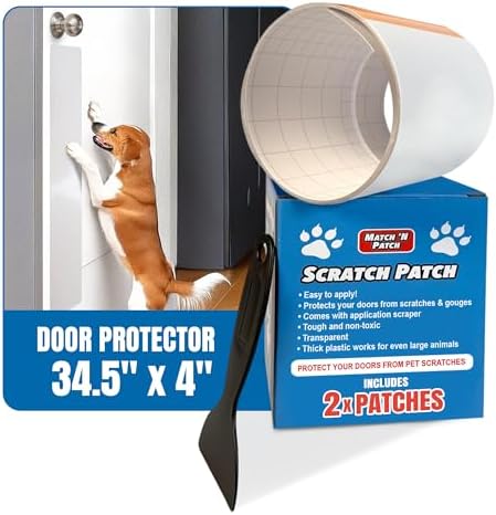 MATCH 'N PATCH Door Scratch Protector - Clear, Self-Adhesive Plastic Door Guard for Dogs & Cats - Pet Wall Protector with Application Scraper (34.5 x 4 Inches, 2 Patches)