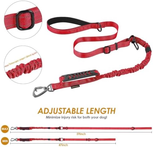 AUBELL Tactical Dog Leash Heavy Duty,4-6ft No Pull Bungee Leash,Red