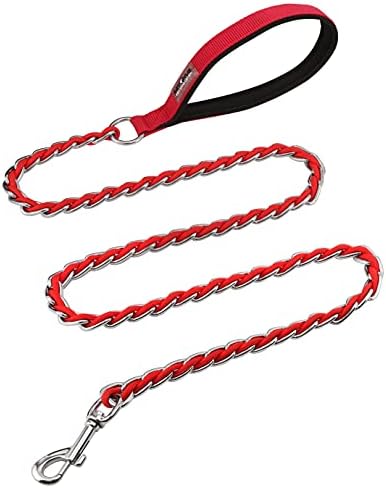 Chain Dog Leash, Bite-Proof Metal Leash, with Padded Handle Red