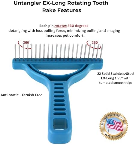 The Untangler Grooming Rake with Extra Long 1.25" silky smooth 360 degree rotating teeth to easily collect loose hair and groom(Blue)