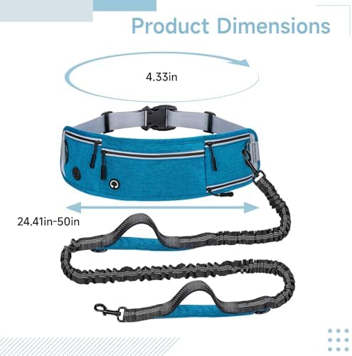 Hands Free Dog Leash with Bungee, Anti-Shock Reflective Running Lead, Adjustable Waist Bag for Jogging Walking Hiking, Blue