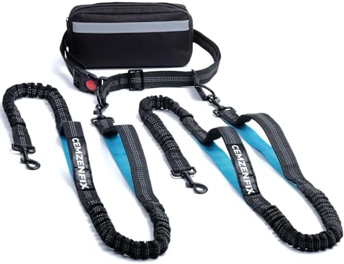 Hands Free Dog Leash for 2 Dogs – Waist Leash for Dog Walking with Dual Bungee, Reflective No Pull Design, Adjustable Belt & Pouch for Running, Hiking, Jogging