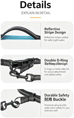 Hands Free Dog Leash with Adjustable Waist Belt, Shock Absorbing Bungee Running Dog Leash with Reflective Stitches, Soft Padded Handle & Dual D-Ring Clips for Medium Large Dogs, Fits 25-120 lbs Dogs