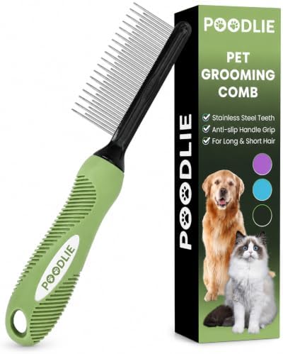 Poodle Grooming Comb - Metal Dematting Comb with Long & Short Stainless Steel Teeth for Removing Matted Hair & Knots, Safe and Gentle for Dogs & Cats (Green)