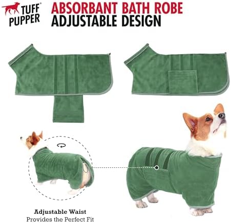 Tuff Pupper Fast Drying Dog Bath Robe | 800 GSM Plush Dog Towel Bathrobe/Dressing Gown | Super Absorbent Pet/Puppy Bathrobe | Adjustable Hood & Belly Strap | Super Soft | Fast Drying (XS, Green)