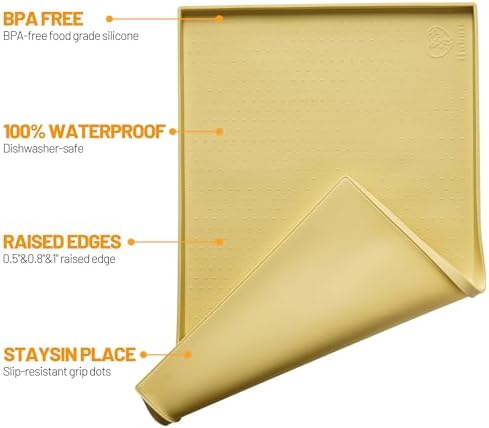 Hubulk Dog Feeding Mat,100% Waterproof Food Grade Silicone Pet Food and Water Bowl Placemat,Dishwasher, High Raised Edge to Prevent Spills,Nonslip Tray to Stop Messes on Floor (32"x24"x1.0", Yellow)