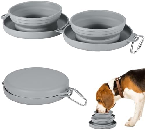 Collapsible Dog Water Bowl 2 in 1 Foldable Pet Food and Water Bowl Portable Cats Dishes with Carabiner Clip for Traveling Hiking Camping Walking (Grey)