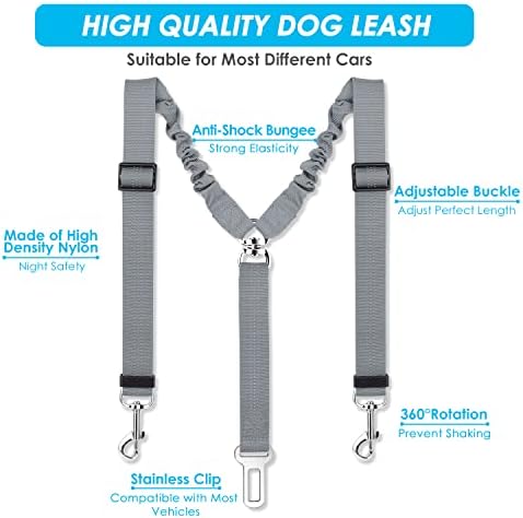 SlowTon Double Dog Seat Belt for Car with Elastic Bungee Buffer, Adjustable