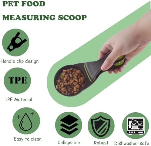 3 in 1 Multi-Function Dog Food Scoop with Measurements and Bag Clip Collapsible Dog Food Measuring Cup for Animals Silicone Measuring Spoons 1 Cup Capacity, Green, M