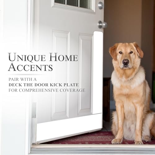Deck the Door Decor Dog Scratch Door Protection Plate - Elegant Anodized Aluminum for All Door Types. Pet-Safe with Polished Edges and Rounded Corners. 3M Adhesive Mount - Minimalist White 4x22in