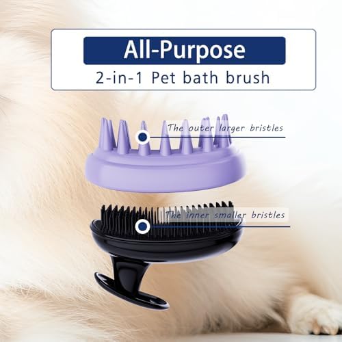 All-purpose Dog Shampoo Bath Brush,Pet Grooming & Soothing Massage Silicone Brush,Fits Ergonomically in the Hand for Long Short Haired Dogs and Cats(Black Purple)