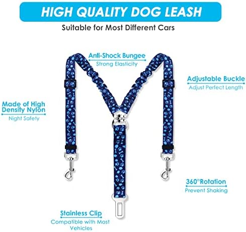 SlowTon Double Dog Seat Belt for Car with Elastic Bungee Buffer, Adjustable