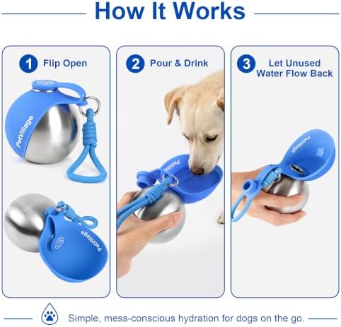 2-in-1 Dog Water Bottle with Foldable Bowl, Portable Leak-Proof Pet Travel Water Dispenser, Stainless Steel Dog Hydration Bottle for Walking, Hiking, Small Dogs & Puppies, Blue 10oz