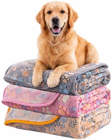 Dog Blanket 3 Pack Soft Flannel Pet Blanket for Dogs & Cats, Cozy Puppy Blanket for Couch Bed Crate, Washable Paw Print Throw 50x60 Inch Grey&Red&Brown