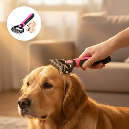 Sakerplus Double-Sided Pet Grooming Rake,Dematting Undercoat Rake for Dogs and Cats, 2-in-1 Dematting Comb, Pet Grooming Rake for Long Hair Pets (Blue+Pink, large+small)