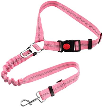 YAOHDAO Dog Seat Belt Harness for Car, Restraint Adjustable with Elastic Bungee Buffer Headrest for Vehicle, 360 Degree Swivel Nylon Pet Safety Seat Belts Heavy Duty Car Harness for Dogs (Pink)