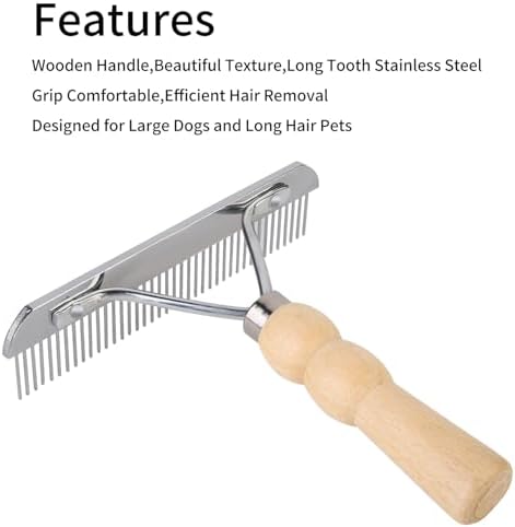 Undercoat Grooming Rake with Anti-Slip Wooden Handle, Steel Comb for Medium & Large Pets