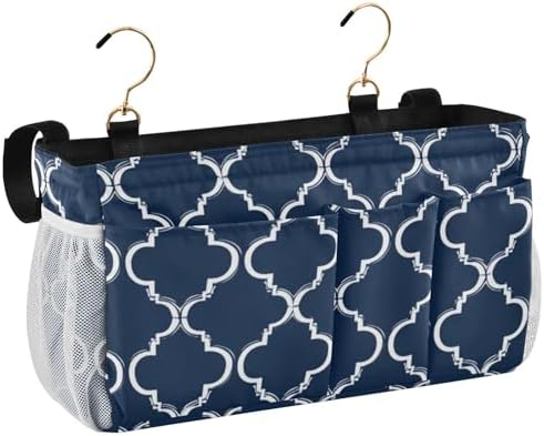 Bedside Caddy Hanging Bunk Bed Caddy Bed Organizer Hanging Pocket with 2 Hooks Bedside Storage Organizer Pocket Bag Holder Navy Blue Geometric Quatrefoil