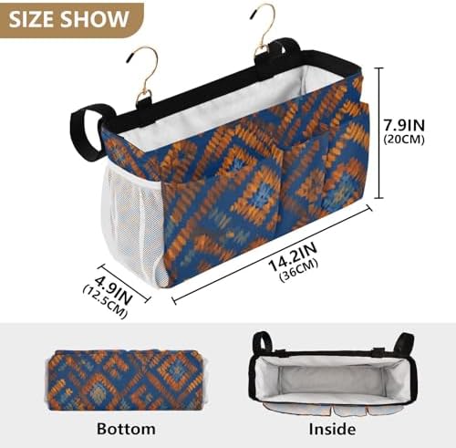 Bedside Caddy Hanging Bunk Bed Caddy Bed Organizer Hanging Pocket with 2 Hooks Bedside Storage Organizer Pocket Bag Holder Blue Orange Diamond Tie-dye
