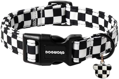 DOGWONG Checkered Dog Collar, Black Plaid Dog Collar Adjustable Soft Natural Fabric Pet Dog Collars Cute Puppy Necklace for Small Medium Large Dogs