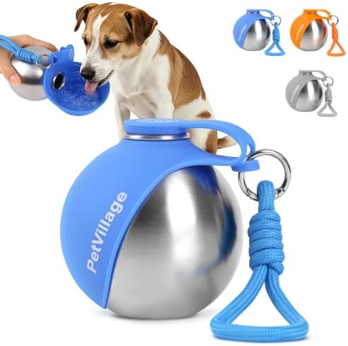 2-in-1 Dog Water Bottle with Foldable Bowl, Portable Leak-Proof Pet Travel Water Dispenser, Stainless Steel Dog Hydration Bottle for Walking, Hiking, Small Dogs & Puppies, Blue 10oz