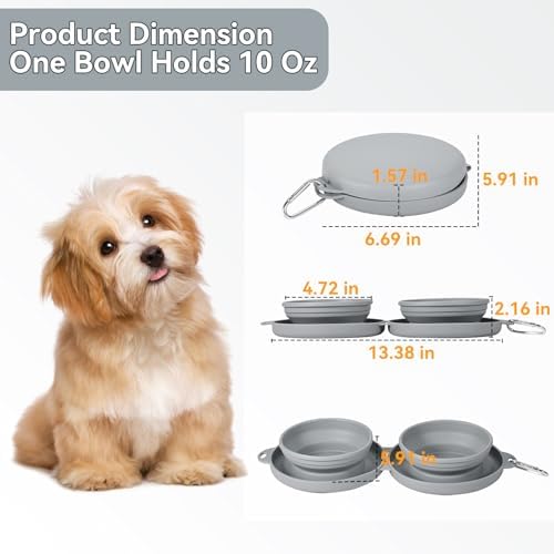 Collapsible Dog Water Bowl 2 in 1 Foldable Pet Food and Water Bowl Portable Cats Dishes with Carabiner Clip for Traveling Hiking Camping Walking (Grey)