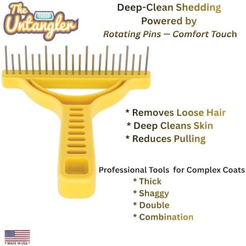 The Untangler Rakes for Grooming and Shedding -silky smooth rotating teeth to easily collect loose hair (Yellow, Shedding)