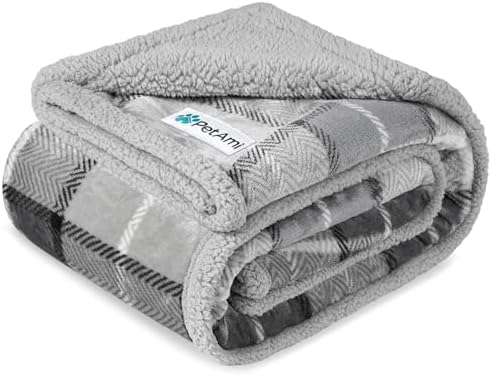 PetAmi Waterproof Dog Blanket for Medium Large Pet, 60x40, Plaid Light Grey