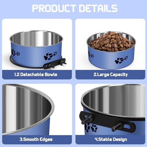 2 Pack Kennel Bowls Mountable Stainless Steel Crate Bowls for Dogs No Spill Hanging Kennel Water Feeder with Clamp Holder 2 Sizes（7.08x2.83’’,6.3x2.63’） (Blue)